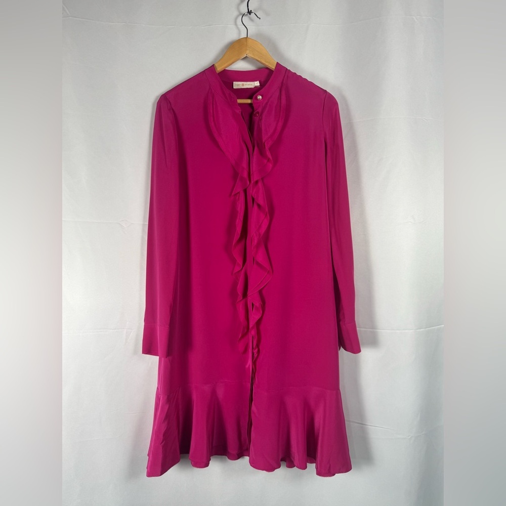 Tory Burch Hibiscus Flower Jane 100% Silk Dress Pink Ruffles Holiday Wedding 8 - Picture 2 of 12